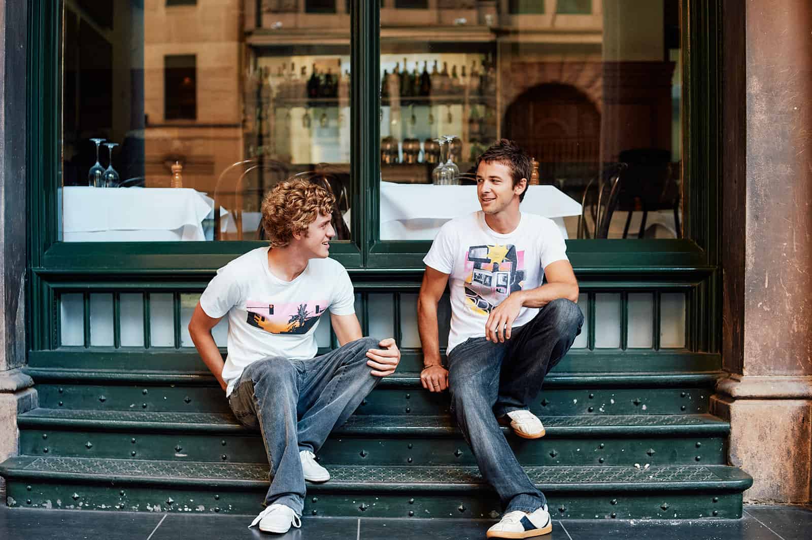 Adrian and Ben chatting on steps in Martin Place