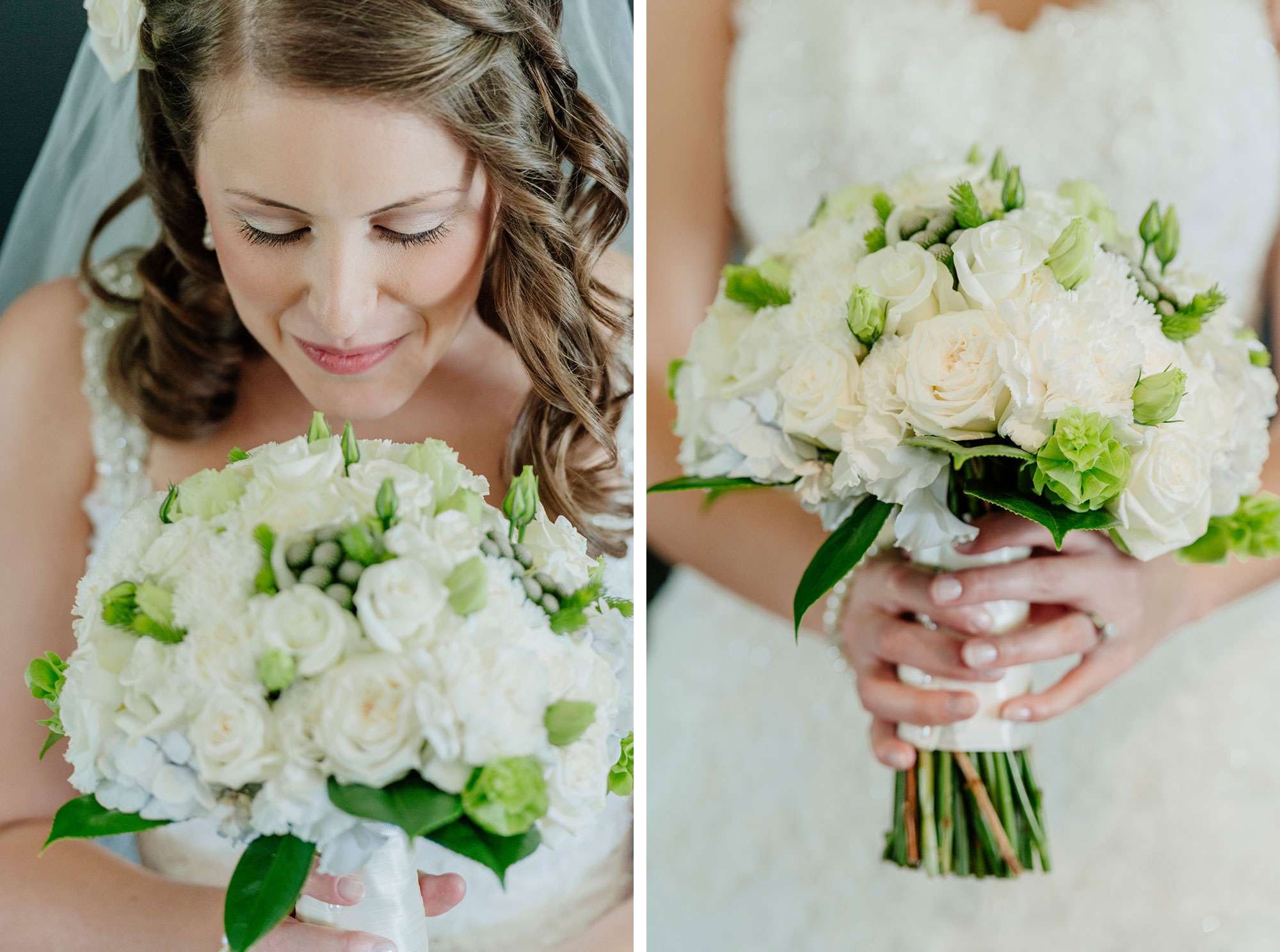 Bride admiring her floral bouquet