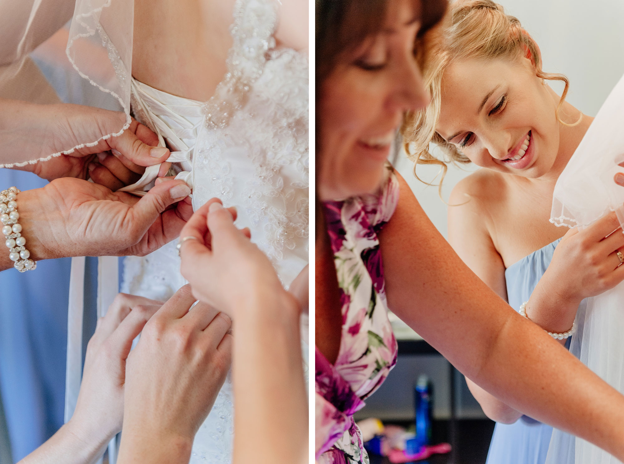 Helping bride into wedding dress