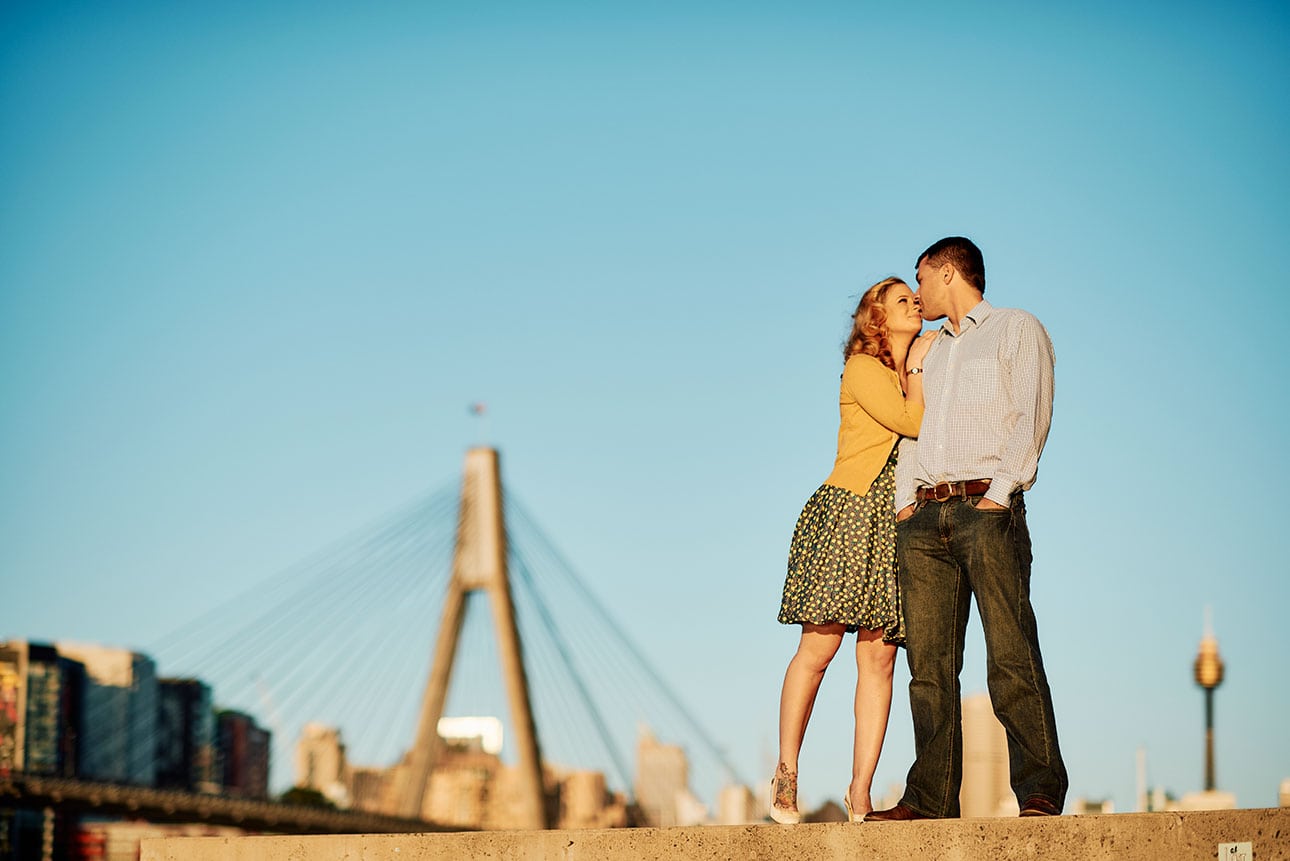 Engagement photos against the Anzac Bridge
