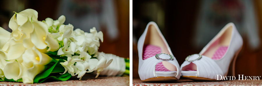 Bride's shoes and brides bouquet