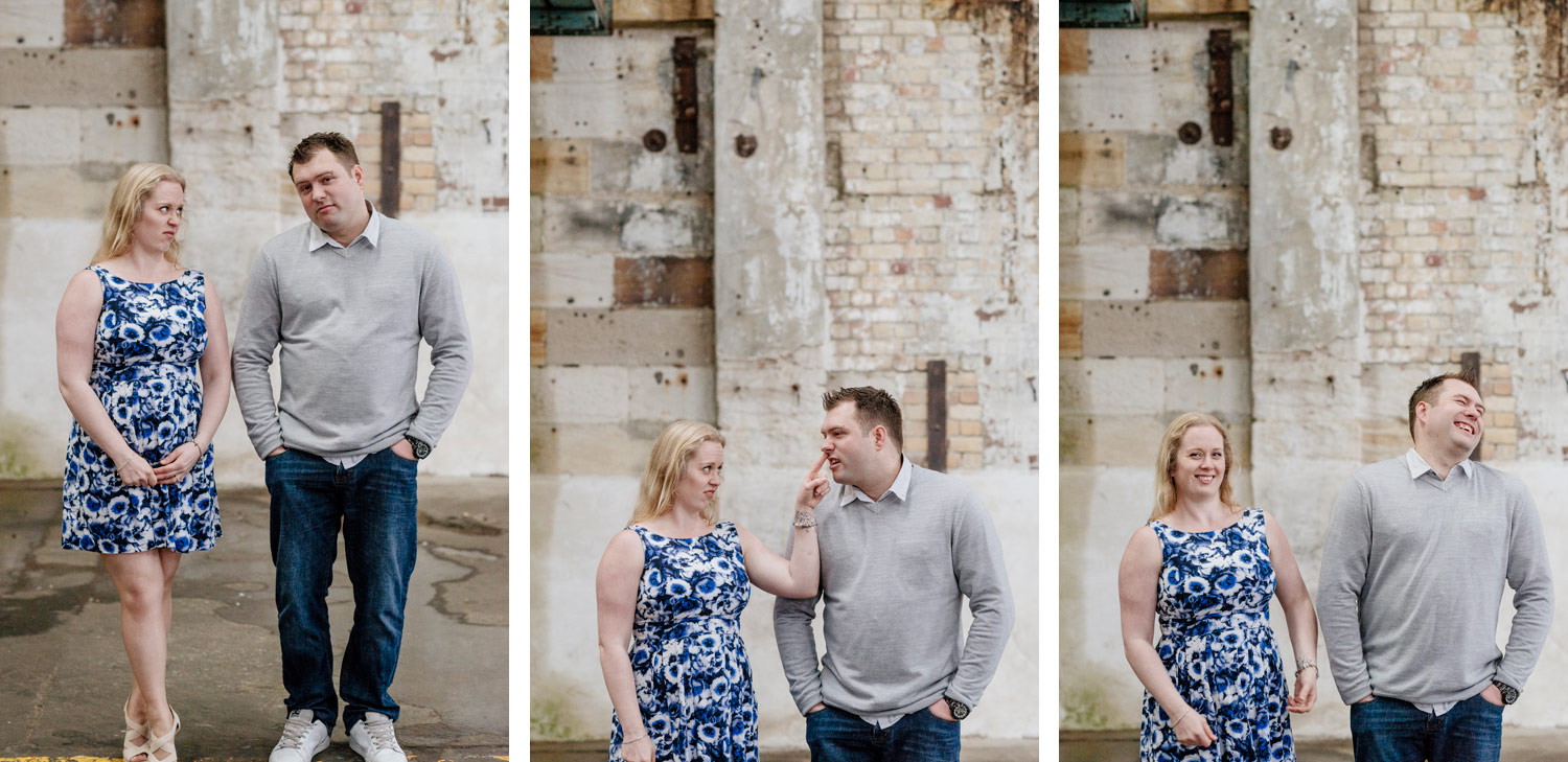 Poking fun during engagement session on rainy Sydney harbour