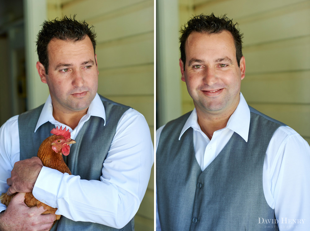 Groom with his pet chicken on wedding day