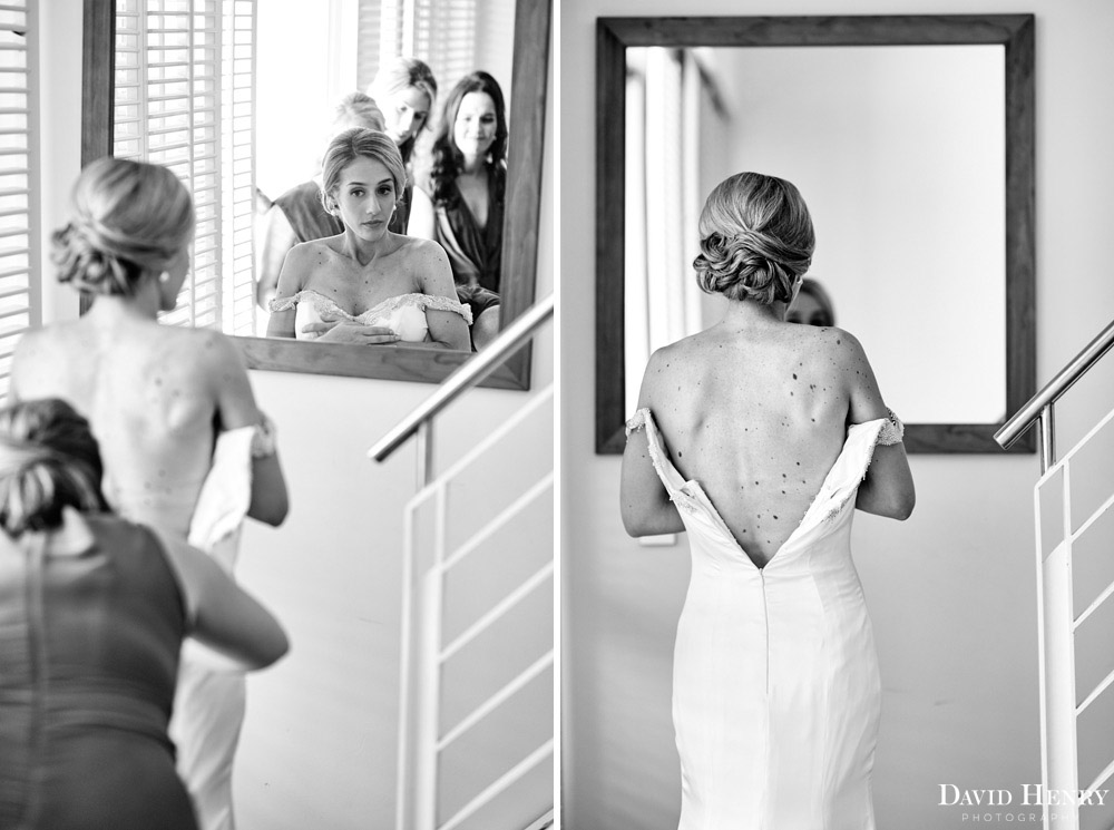 Bride getting into her wedding dress Watsons Bay Hotel
