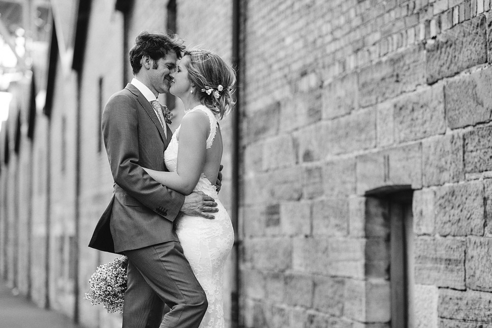 Black and white photo of bride and groom at The Rocks Sydney