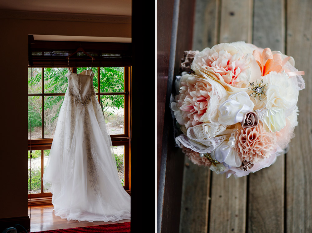 Bride's dress hanging, and brides bouquet