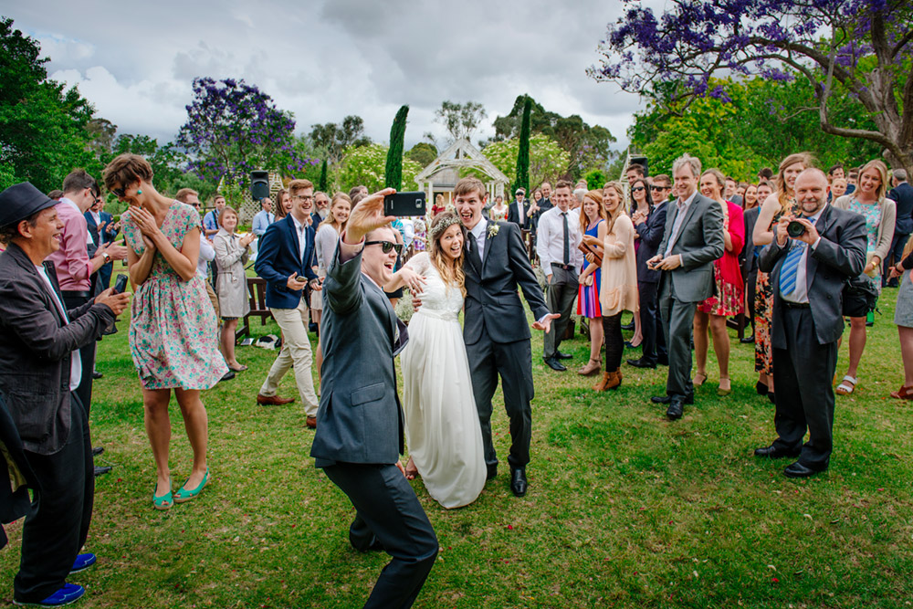 Guest selfies after wedding at Gledswood