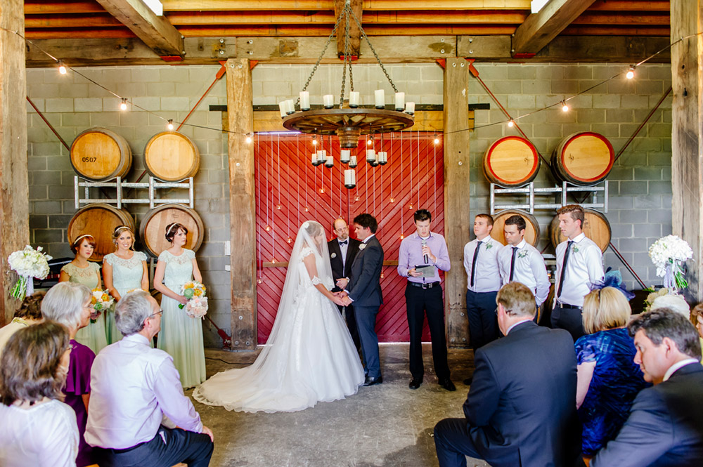 Wedding ceremony at wandin estate barrel room
