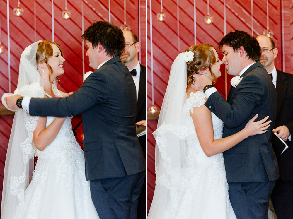 First kiss of bride and groom