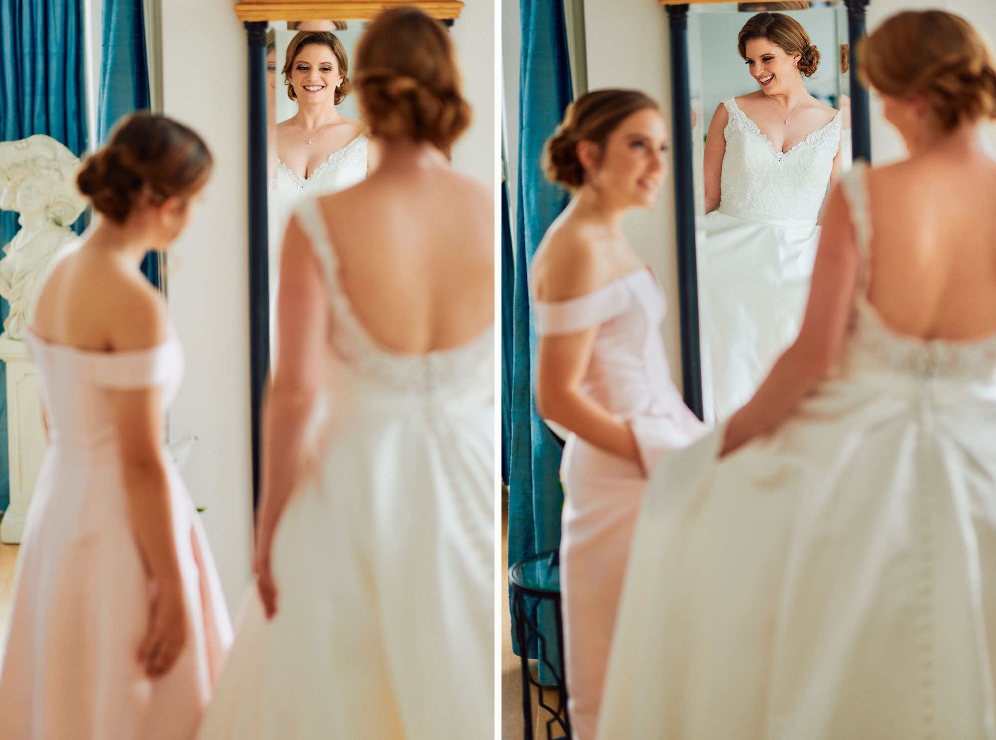 bride and bridesmaid admiring their reflection