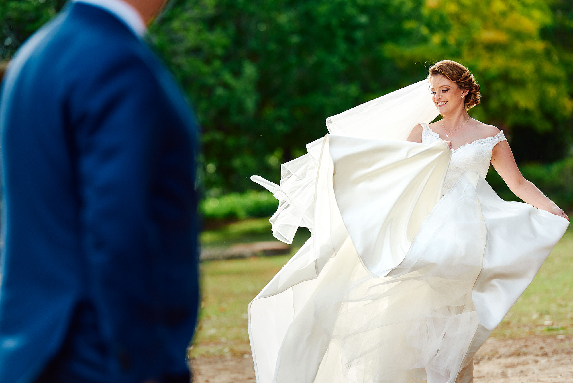 brides dress blowing in the breeze