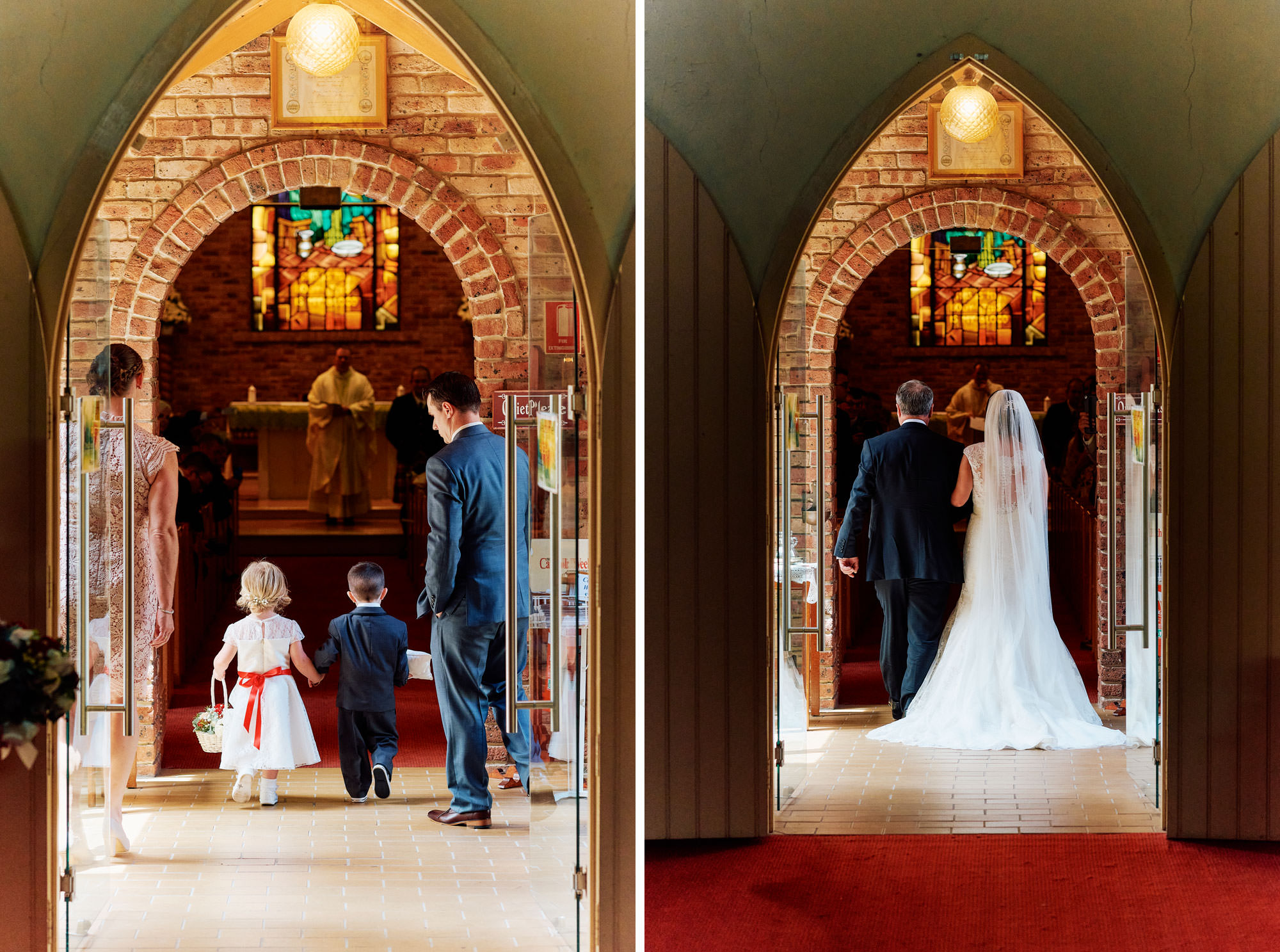 Bride and flower girl walking into the Church