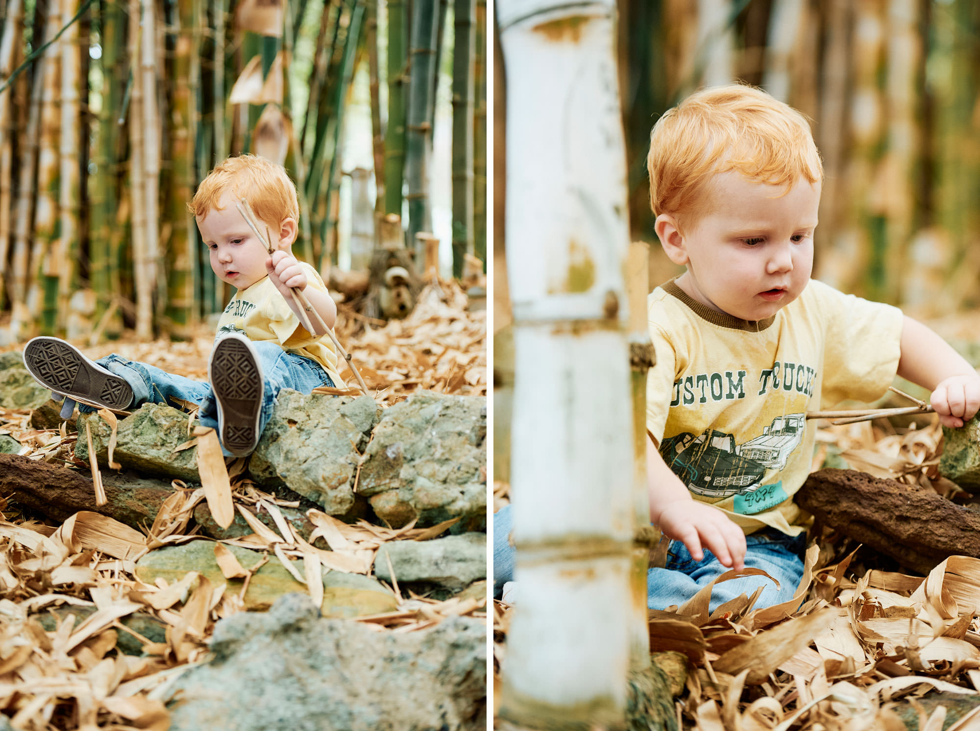 Nathan playing with sticks amongst the bamboo