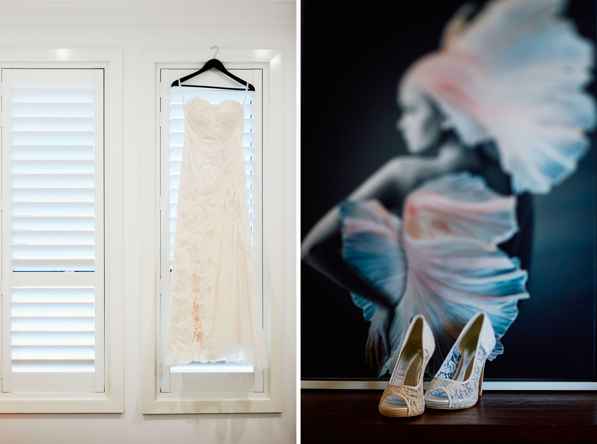 Bride's shoes and wedding dress