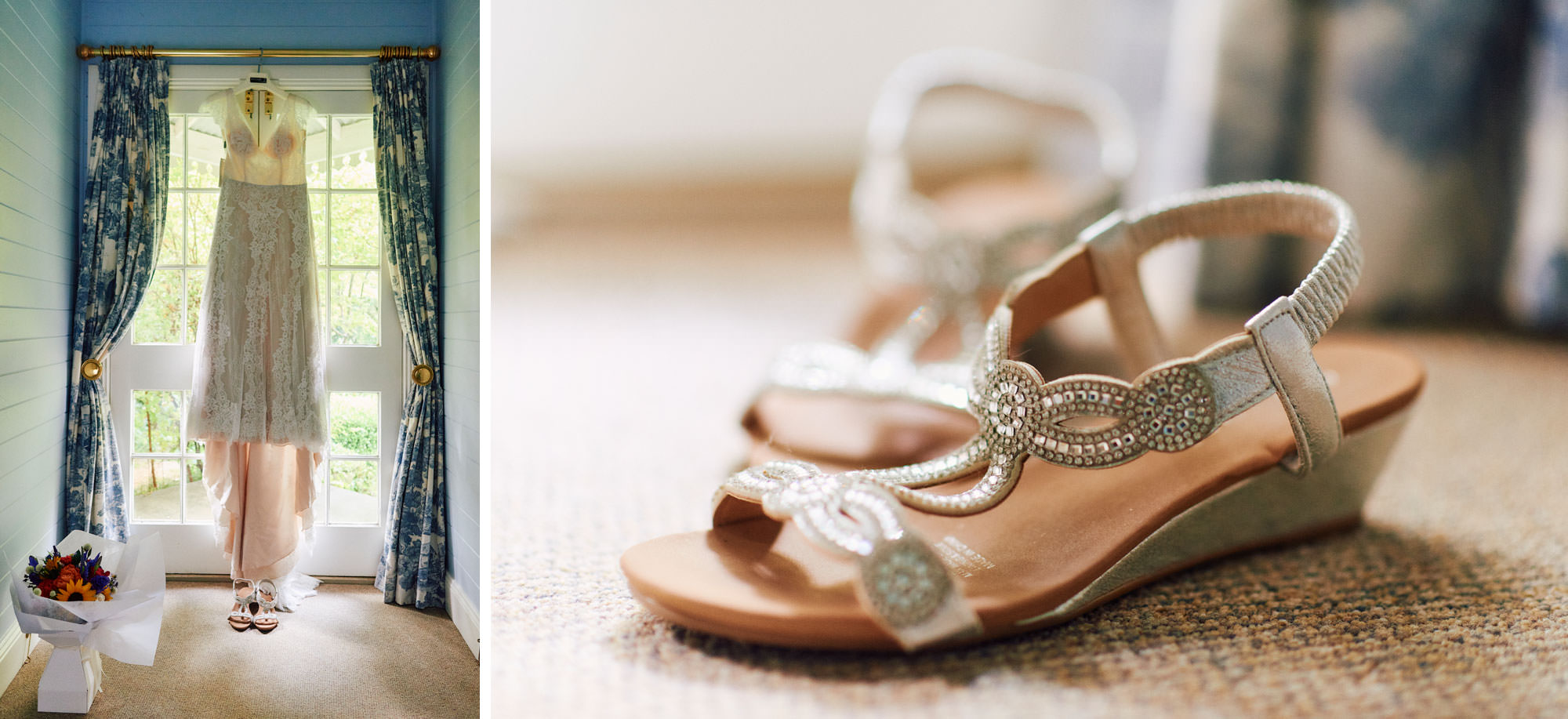 Bride's shoes and wedding dress
