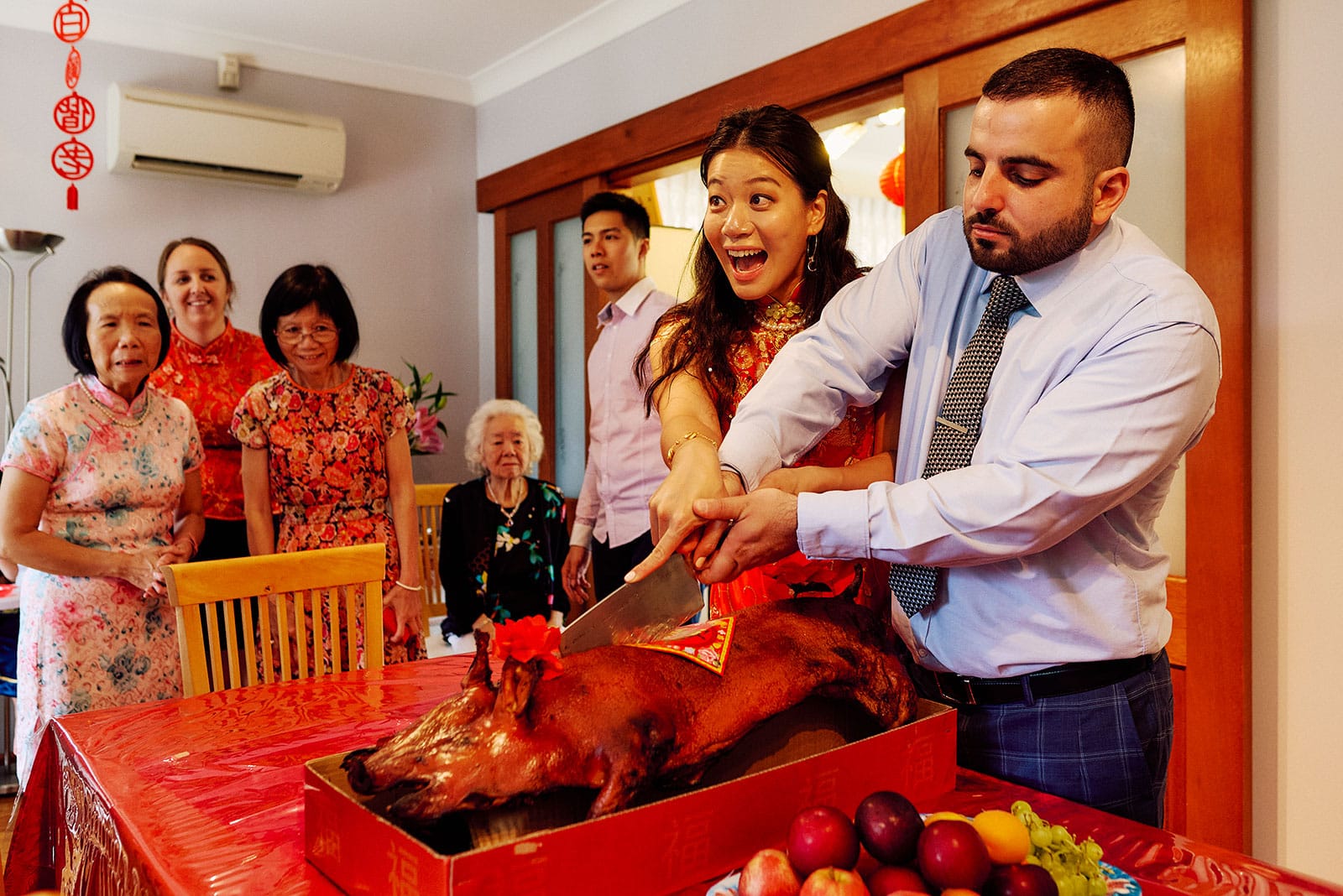 Cutting the pig during the wedding ceremony